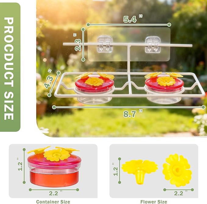 Window Hummingbird Feeder, Small Hummingbird Feeder for Outdoors with Metal Base & 6 Feeding Ports - Suitable for Sliding Glass Doors on Windows and Balcony, Easy to Clean and Refill