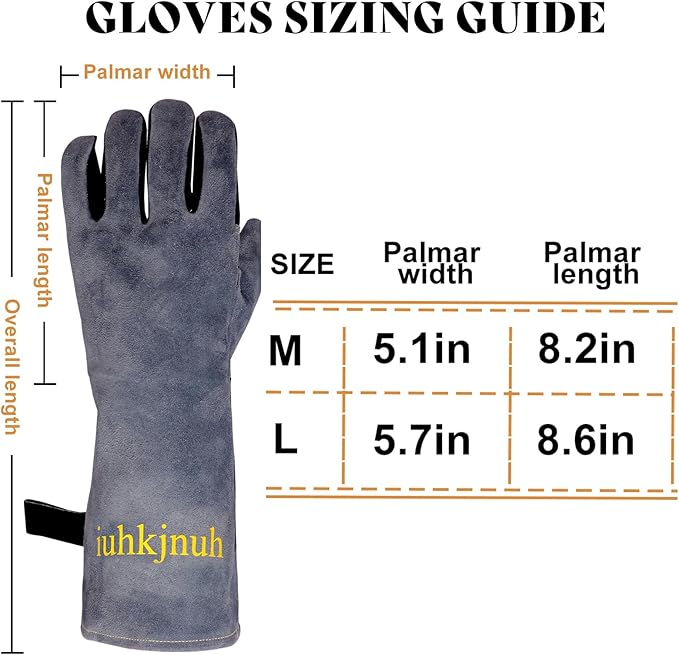Leather Welding Gloves, 16inch 932℉ Heat/Fire Resistant, Wood Stove Gloves, Large Mitts for BBQ,Grill,Tig/Mig (Grey, M)
