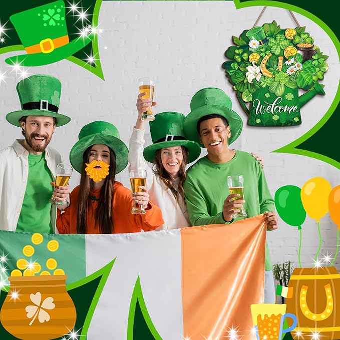 Juexica St. Patrick's Day Welcome Door Sign Lucky Hanging Decor St. Patrick's Day Wooden Sign Irish Decorations Lucky Shamrock Door Hanger for Outdoor Porch Home Living Room