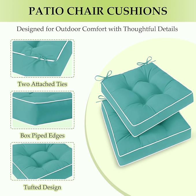 HARBOREST Outdoor Chair Cushions Set of 2, Tufted Patio Chair Cushions with Ties, Square Corner Outdoor Cushions for Patio Furniture, Lawn Chairs, Wicker Chairs, 17" x 17" x 5", Teal