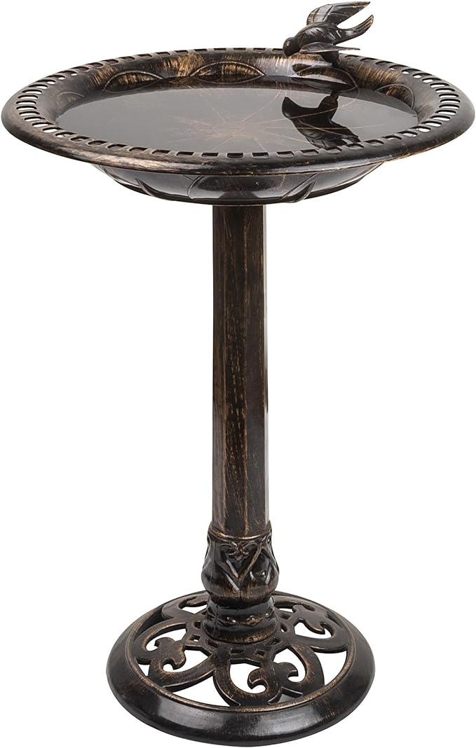 Alpine Corporation 27" Tall Outdoor Antique Pedestal Birdbath with Bird Statue Decor, Durable Polypropylene Construction, Bronze