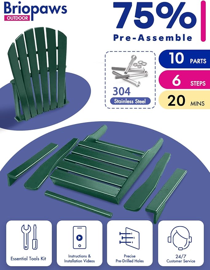BRIOPAWS Adirondack-Chairs-Set of 6 | Fire Pit Chair | Oversized | HDPE Plastic | Weather Resistant | for Deck Outdoor Poolside Campfire | Forest