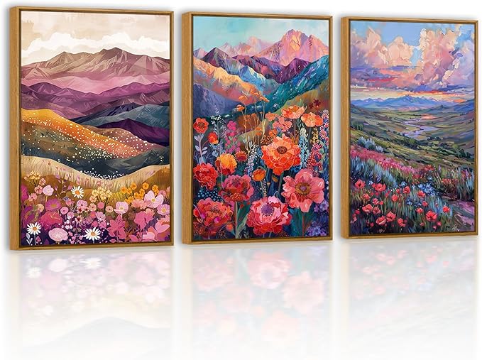 QTUSYUR Watercolor Wildflower Wall Art - Large Farmed Country Landscape Art Print - Colorful Mountain Floral Canvas Artwork for Farmhouse Living Room- Abstract Flower Painting for Home Decor 16”×24”×3