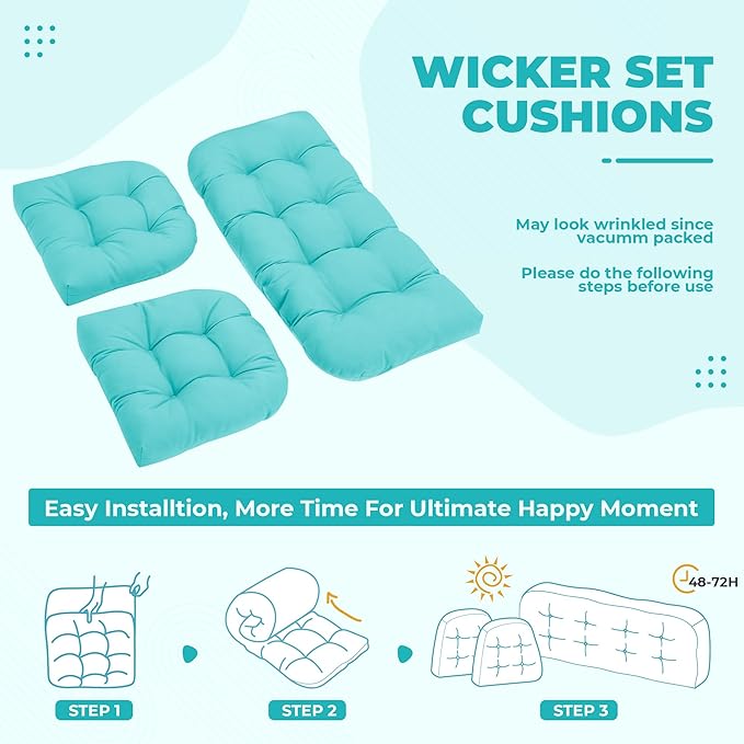 Wicker Chair Cushions, Waterproof Outdoor Loveseat Cushions for Patio Furniture, Tufted Wicker Furniture Cushions, 1 Loveseat and 2 U-Shaped Cushions, Teal