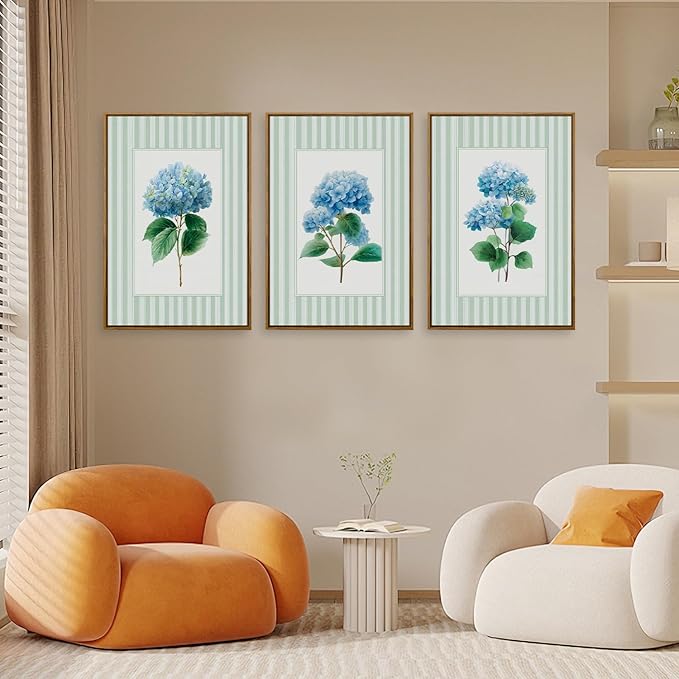 QTUSYUR Striped Blue Hydrangea Wall Art - Large Farmed Minimalist Art Print - Farmhouse Floral Canvas Artwork for Bedroom Living Room- Modern Elegant Flower Wall Pictures for Home Decor 16”×24”×3