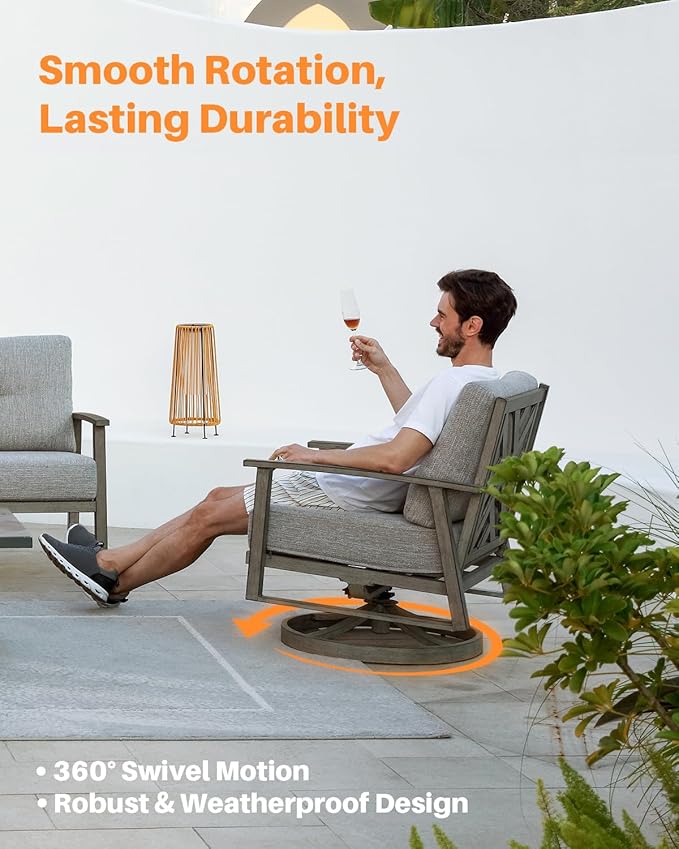 Outdoor Swivel Patio Chairs Set of 2, Outdoor Aluminum Swivel Armchair Conversation Set with Cushion, 2 Pieces All Weather Patio Furniture Sofa Chairs Set for Garden, Poolside, Lawn, Limed Oak
