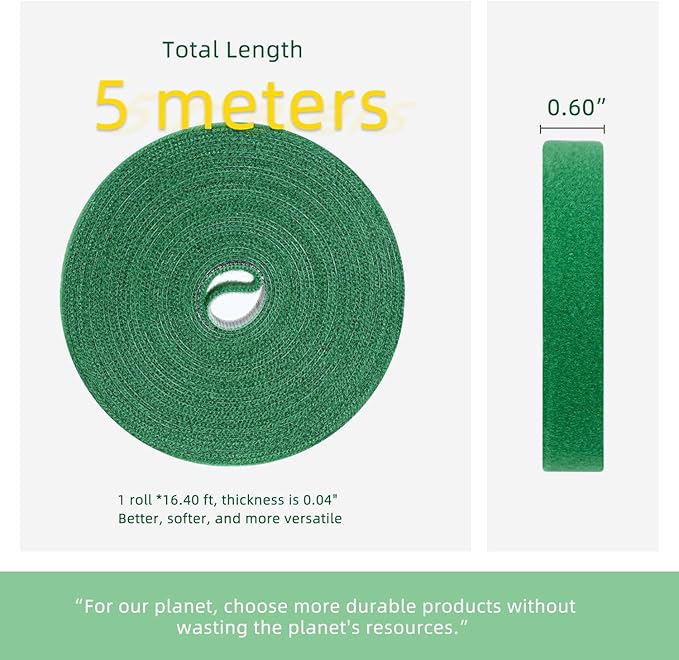 Green Plant Tape - Reusable Garden Tape for Outdoor Plants, Adjustable Plant Supports for Climbing Plants, Strong-Grip Plant Ties for Healthy Growth (16.4 ft x 0.6 inch, Green)