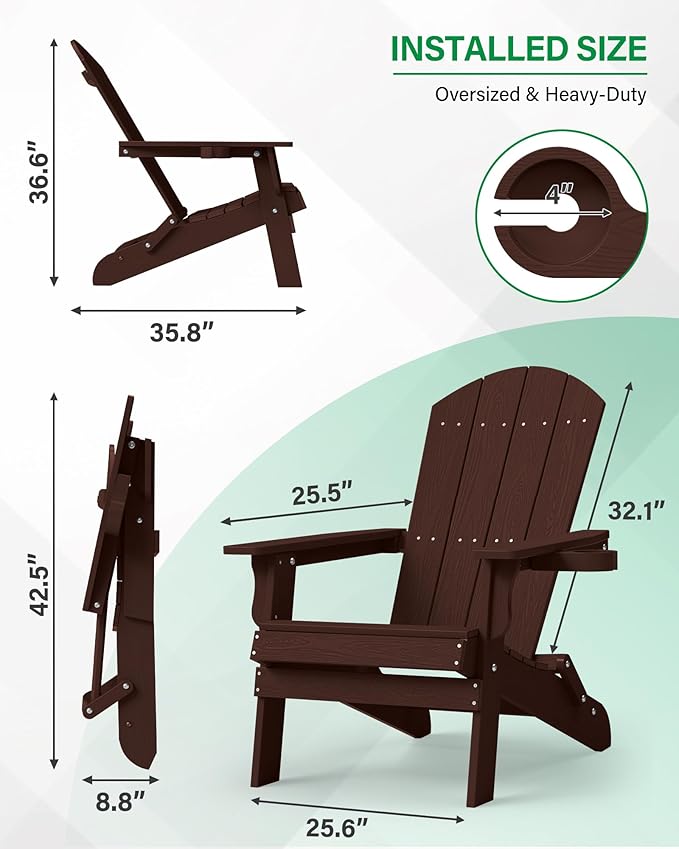 YEFU Adirondack Chair, Oversized Plastic Adirondack Chair Folding Outdoor Chairs with cup holder, Lawn Chair with Weather Resistant for Outside Deck Lawn Garden, Weight Capacity Up to 400 Lbs–Mahogany