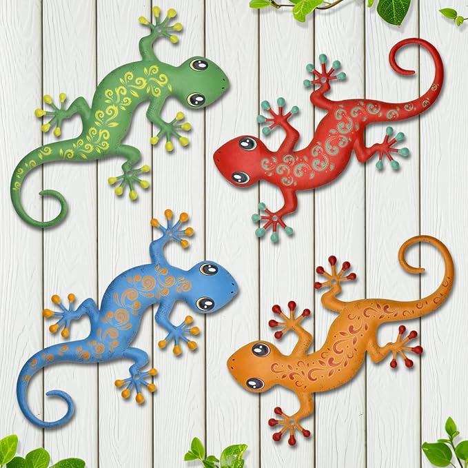 4 Pcs Metal Gecko Outdoor Decorations - Metal Wall Art Hanging Sculpture Decoration for Garden Yard Fence Porch Wall Decor, Gift for Mom Friends