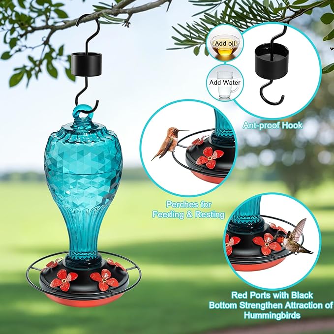 20 OZ Glass Hummingbird Feeders for Outdoors Hanging - Hand-Blown Vibrant Blue Reflective Fish-Scale Design - Attracts More Hummingbirds - Leak-Proof Silicone Seal & Ant Moat - Gift for Mom