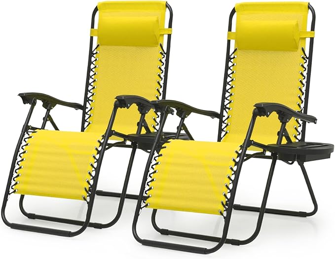 Magshion Zero Gravity Lounge Chairs Set of 2, Outdoor Patio Reclining Chair with Side Tray, Adjustable Anti-Gravity Recliners with Pillow Headrest, Folding Lounger for Lawn Camping Beach, Yellow