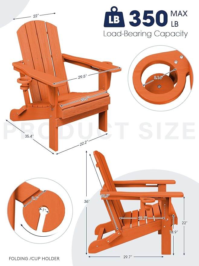 KINGYES Folding Adirondack Chair with Dual Cup Holders - HDPE All-Weather Outdoor Chairs, Wood-Like Patio Chair for Backyard, Camping, Pool & Fire Pit, Orange