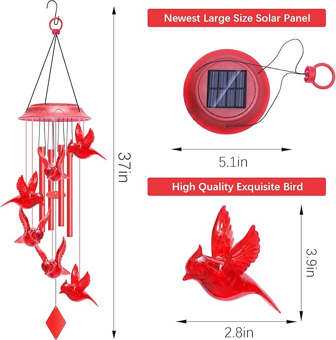 Solar Wind Chimes for Outside - 37" WANQDG 6 LED Cardinal Bird Wind Chime Light with 4 Red Metal Tube, Music Wind Chimes Great as a Gift for Women mom Grandma Best Friends' Birthday Gift