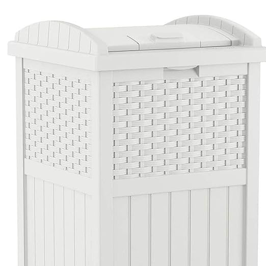 Suncast Hideaway Outdoor Trash Can with Lid - 30 Gallon Trash Can, White, Decorative Wicker-Style Garbage Bin, Weather-Resistant Resin, Fits 30-33 Gallon Bags, Ideal for Patio & Yard, Made in USA