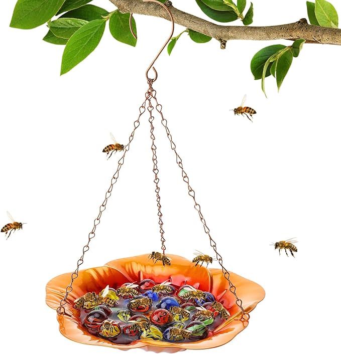 Bee Feeder with Vivid Hibiscus Design - Anti-Rust Iron Bee Watering Station for Feeding, Colorful Butterfly Bath Bowl Bee Cups with 30 Glass Marbles for Outdoor Yard Garden Decor Gifts (Orange)