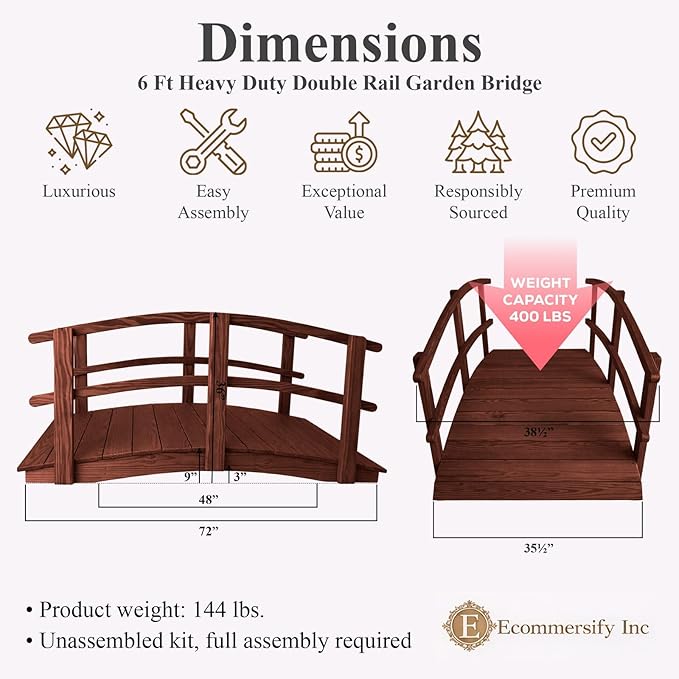 6 FT MAHOGANY Amish Made Garden Bridge with DOUBLE RAILS for Walkway, Backyard Pond & Landscaping, Outdoor Wooden Footbridge for Koi Pond, Japanese Style Decorative Bridge, Made in USA
