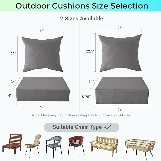 Outdoor Cushions for Patio Furniture,Outdoor Seat Cushion Set 24 x 24 x 5.75 Inch,Waterproof & Fade Resistant Outdoor Chair Cushions,Deep Patio Chair Cushion with Removable Cover,Dark Grey