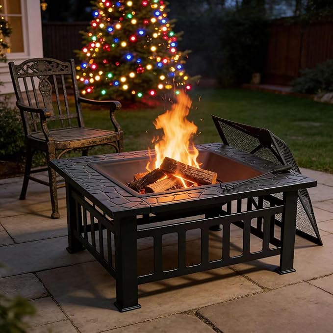ZENY 32 inch Outdoor Fire Pit with Grill for Outside Wood Burning, Square Metal Outside Fireplaces, Spark Screen and Poker Included for Backyard Patio Camping Bonfire