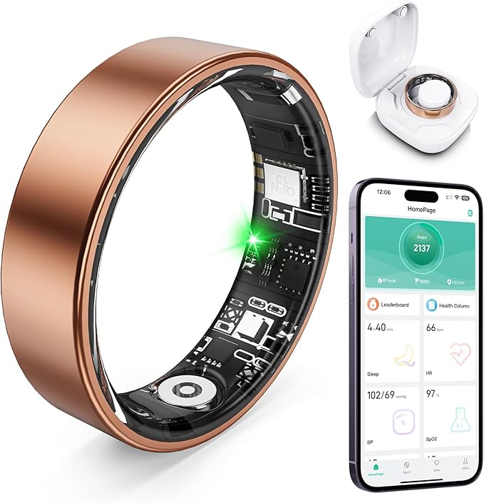 Smart Ring with Sleep Monitoring, Step Counting, Heart Rate, Blood Oxygen for iOS and Android, No Subscription Fee, IP68 Waterproof Health Tracker (Rose Gold, 8)