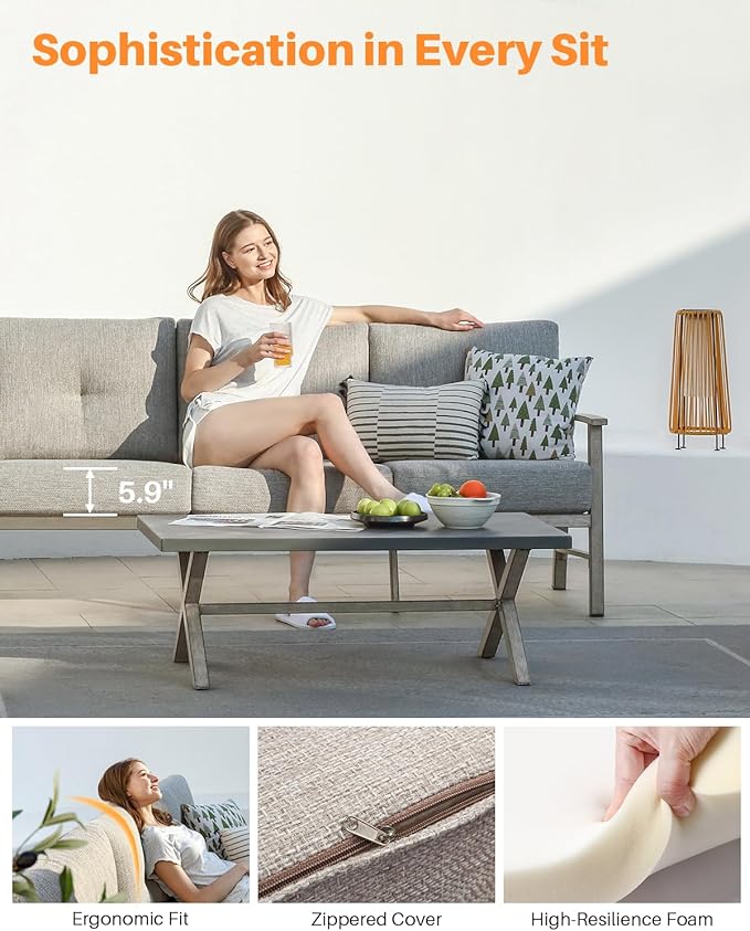 Patio Furniture Loveseat Sofa, Outdoor Aluminum Couch with 5.9'' Soft Cushion, All-Weather Outdoor 2 Seats Patio Furniture Sofa Couch for Garden, Poolside, Lawn, Limed Oak