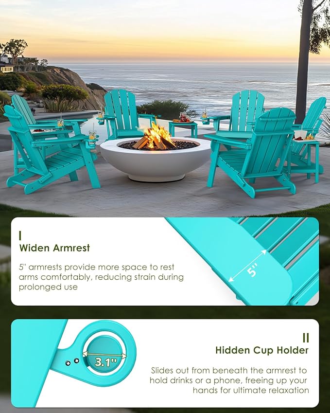 GREENVINES Folding-Adirondack-Chairs-Set-of-2 | HDPE Plastic | Fire Pit Chair | All Weather | Cup Holder | Aqua | for Deck Backyard Patio Outdoor Garden