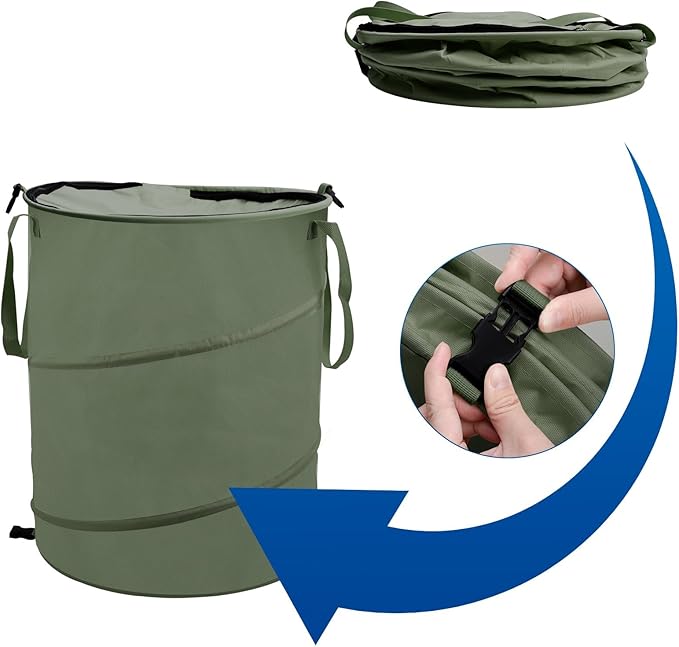 24 Gallons Collapsible Reusable Bags with Gloves, Camping Trash Can with Lid, Pop Up Garbage Can for Outdoor, Large Capacity Leaf Bags for Yard, Lawn, Reusable Garden Garbage Bag - Green