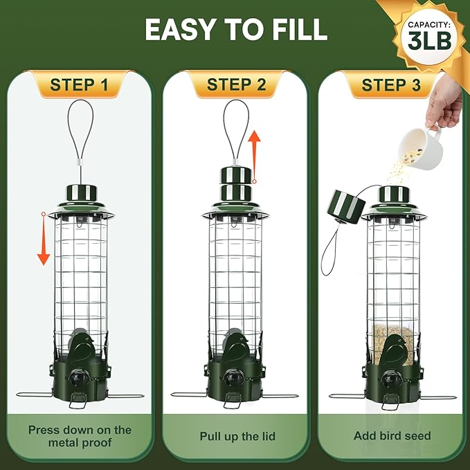 Squirrel Proof Bird Feeder for Outside Hanging, Weight Activated 3LB Large Capacity Metal Wild Bird Feeders with Removable Base, Tube Birdfeeder for Cardinal, Finch- Green