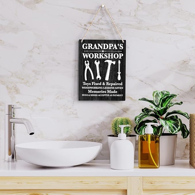 Grandpa's Workshop Wooden Hanging Sign, Garage Signs for Grandpa, Garage Decor for Grandfather's, Grandpa Gift, Man Cave Decor, Father's Day Housewarming Birthday Gifts for Dad Grandpa, 8x10 Inches