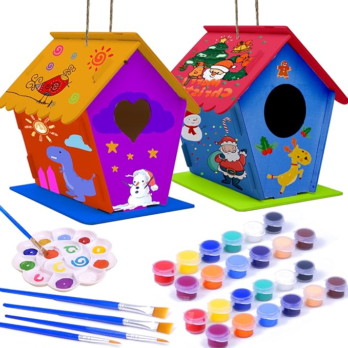 hapray 2 Pack Bird House Kit, DIY Birdhouse Kits, Wooden Crafts Arts for Children to Build and Paint (Includes Paints & Brushes) for Kids Girls Boys Toddlers Halloween Christmas Gifts