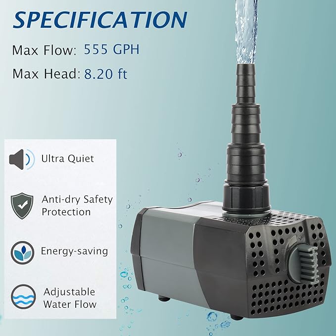 WaterRebirth HSUP2100F Versatile Submersible Pump - Fountain Jets for Ponds, Fish Tanks, Water Gardens - Aquarium & Pond Pump (2100L/H)