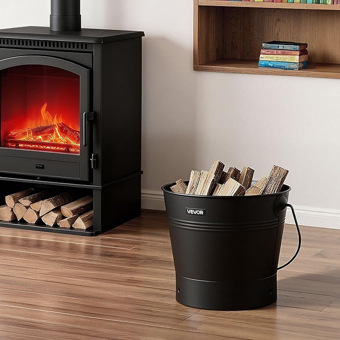 VEVOR Ash Bucket, 4 PCS with Lid, Shovel, Broom and Gloves, Metal Fireplace Charcoal Bucket and Ash Can, 2.6 GAL Large Capacity for Fireplace, Fire Pits, Wood Burning Stoves, Indoor and Outdoor