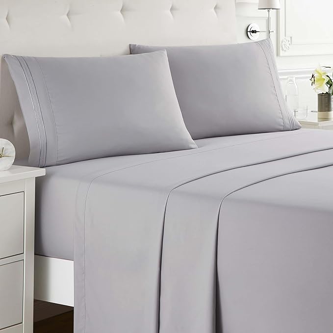 Clara Clark Split King Sheets Set, Deep Pocket Bed Sheets for Split King Size Bed, 4 Piece Bed Sheet Set, Super Soft Bedding Sheets & Pillowcases, Split King Gray Lavender