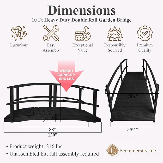 10 FT Black Amish Made Garden Bridge with Double Rails for Walkway, Backyard Pond & Landscaping, Outdoor Wooden Footbridge for Koi Pond, Japanese Style Decorative Bridge, Made in USA