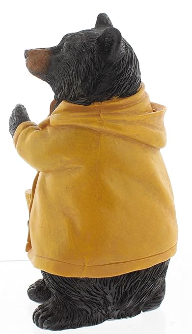 The Bridge Collection 7" Black Bear Weather Rain Gauge - for Patio, Porch, Garden - Resin Bear With Yellow Rain Coat - Cabin Decor
