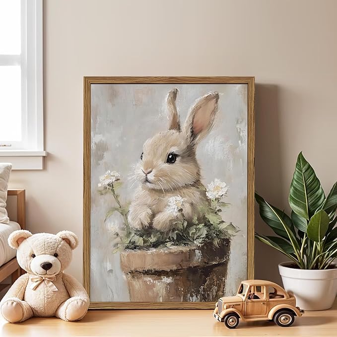 Framed Vintage Easter Bunny Wall Art, Cute Cottagecore Rabbit Floral Pictures Wall Decor, Spring Farmhouse Animal Paintings Prints Rustic Home Decor for Living Room Bedroom Nursery 16x24 inch