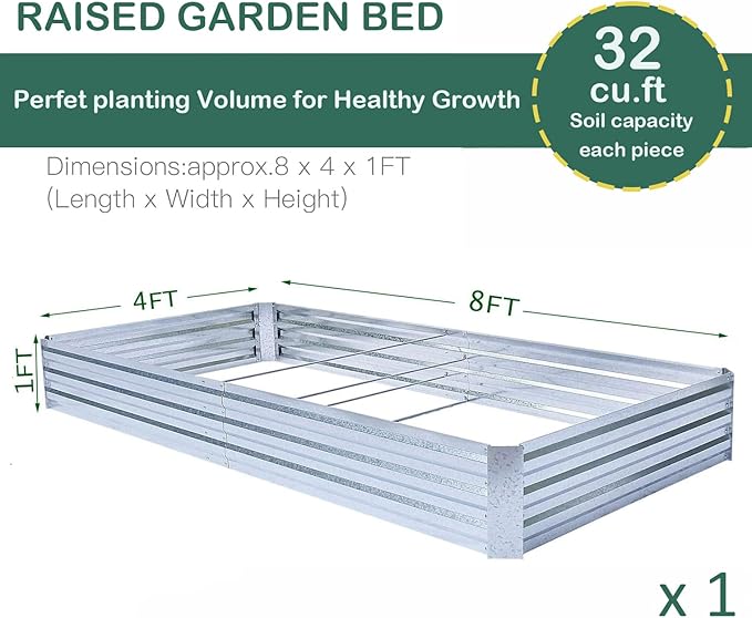 Galvanized Raised Garden Beds for Vegetables Large Metal Planter Box Steel Kit Flower Herb, 8x4x1ft