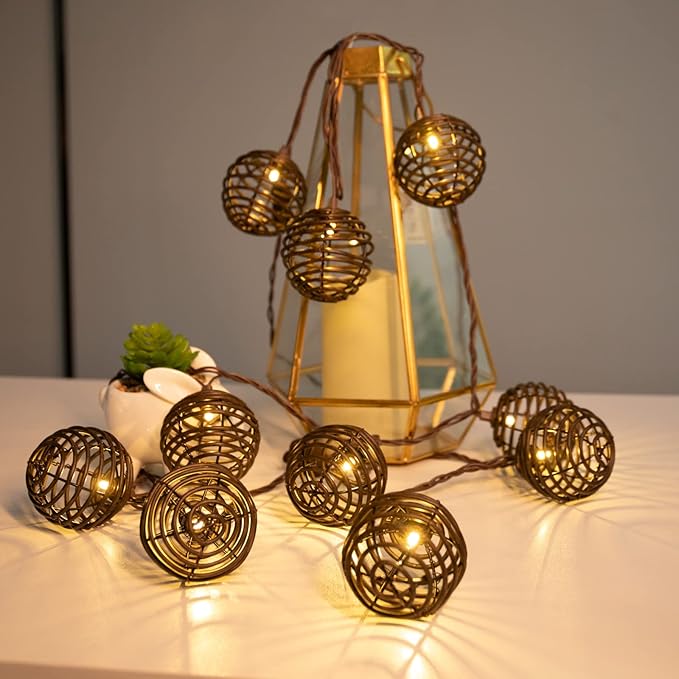Vigdur Rattan Ball String Lights, Brown Plug in Decorative Lights with 10 Rattan Bulbs, Connectable Patio String Lights for Home, Garden, Backyard & Cottagecore Decor(9.84FT)