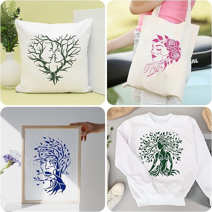 16PCS Large Woman Tree Stencils for Painting on Walls 12 x 12 Inch Giant Wall Stencil with Brushes and Binder Ring Branches Rose Flower Plastic Art Drawing Templates for Home Wall Decor