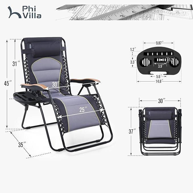PHI VILLA XXL Oversized Padded Zero Gravity Chair Set of 2, Foldable Patio Recliner, 30" Wide Seat Anti Gravity Lounger with Armrest and Cup Holder, Support 400 LBS (Grey Accents)