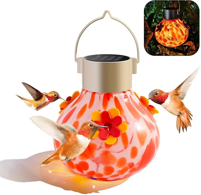Hummingbird Feeder with Solar Light, Glass Hummingbird Feeder for Outdoors, Auto-Lighting Solar Light for Garden Decor, 3 Ports Attract More Birds, Waterproof Lamp, Ideal Gift, Red