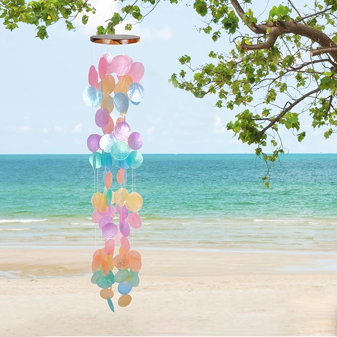 ASTARIN Capiz Shell Wind Chime for Outside 35” Seashell Wind Chimes, Handcrafted Rainbow Capiz Shells Windchime Coastal Style,Unique Outdoor Garden Decor Gift for Women Mother’s Day