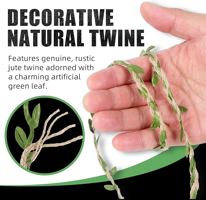 Natural Jute Twine with Green Leaf - 100 Feet (30 Meters) | Decorative Garden String for Gift Wrapping, Crafts, Wedding Decor