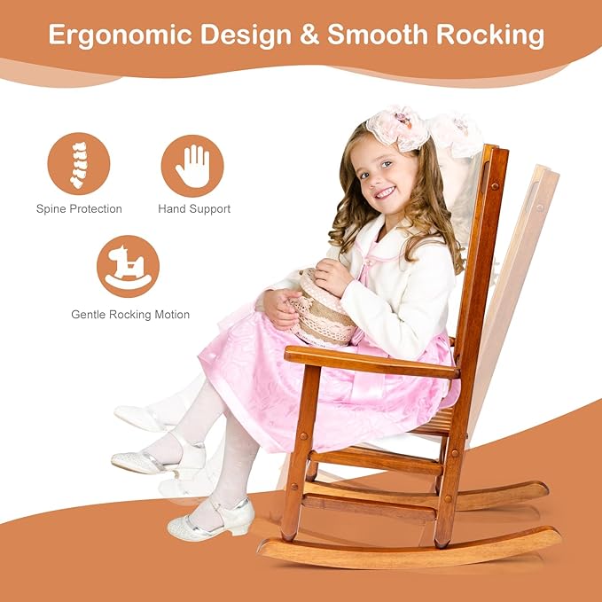 VINGLI Outdoor Child’s Rocking Chair, All Weather Wooden Rocking Chair with High Backrest, Patio Rocker for Garden, Yard, Balcony, Wooden Rocker for 6-10 Years Old, Teak