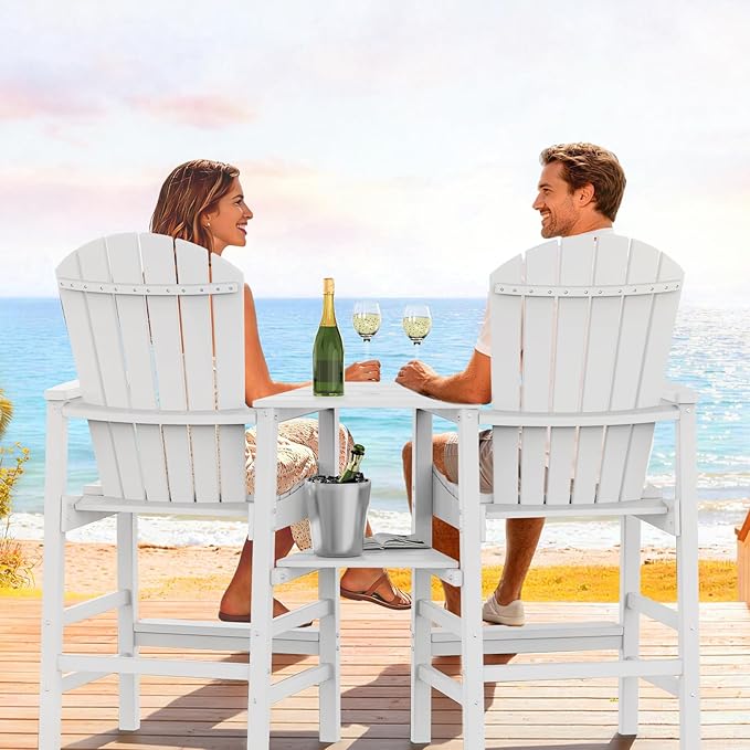 VINGLI Tall Adirondack Chairs Set of 2, All Weather HDPE Bar Height Adirondack Chair with Double Trays, Adirondack Barstools for Balcony, Poolside, Backyard and Patio (White)