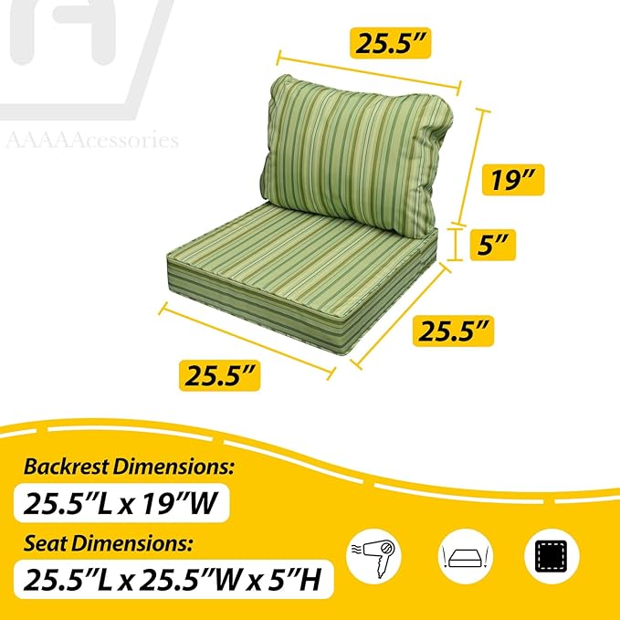AAAAAcessories Outdoor Seat Cushions for Chairs, Fade-Resistant, Waterproof Patio Furniture Replacement Cushions, 25.5" x 25.5" x 5" + 25.5" x 19", Set of 4, Mossy Forest Stripe