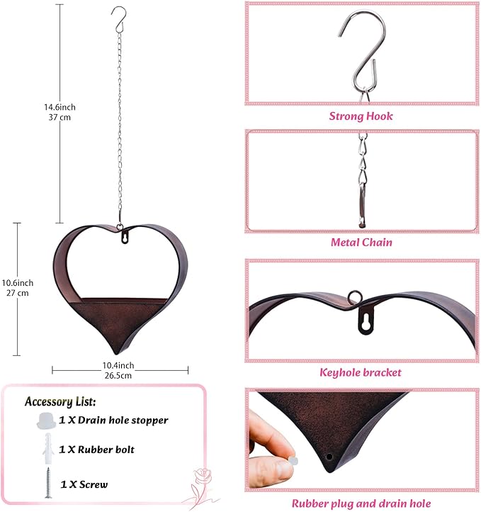 Metal Plant Hangers Indoor and Outdoor: Valentines Day Gifts for Her Wife Women Mom Garden Lovers Birthday - Heart Shape Hanging Planters for Window Wall Living Room Office Decor(Rustic)