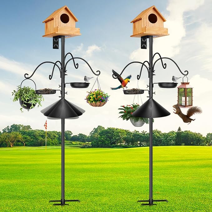 92 Inch Metal Bird Feeder Pole with Squirrel-Proof Baffle, 4 Hooks & 2 Feeding Trays - Heavy Duty 5-Prong Base Outdoor Birdhouse Stand, Garden Bird Feeding Station (Black, 92inch)