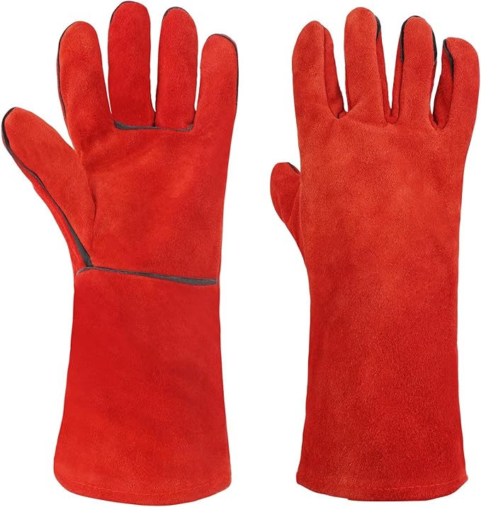 AUAUY Heat & Fire Resistant Gloves Leather BBQ Gloves Wear Resistant Heavy-Duty Welding Gloves for Grinding,Baking,Gardening