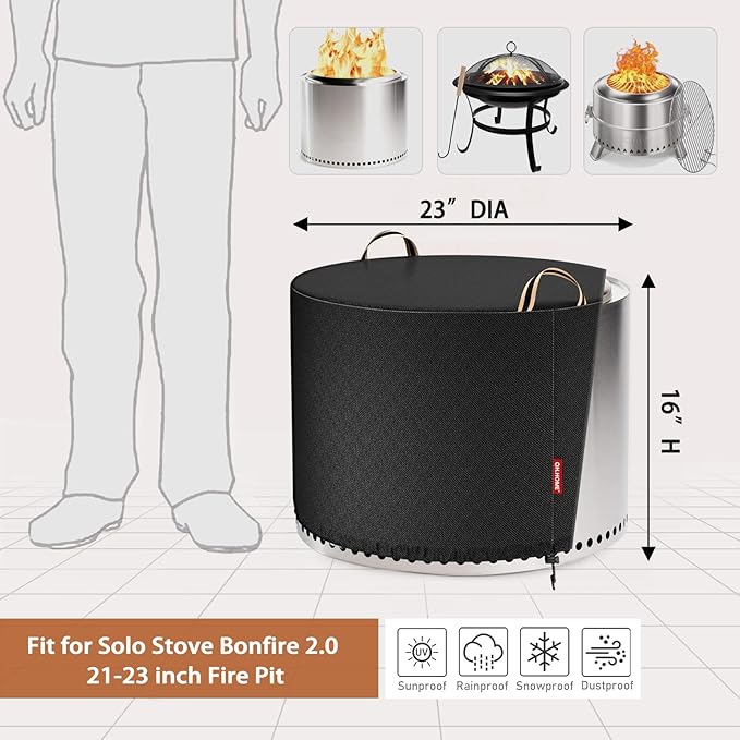 QH.HOME [2026 Upgraded 900D Fabric] Fire Pit Cover for Fire Pit, Super Waterproof fit for Propane Fire Pit Table , Round 23"Dia x 16"H -Black