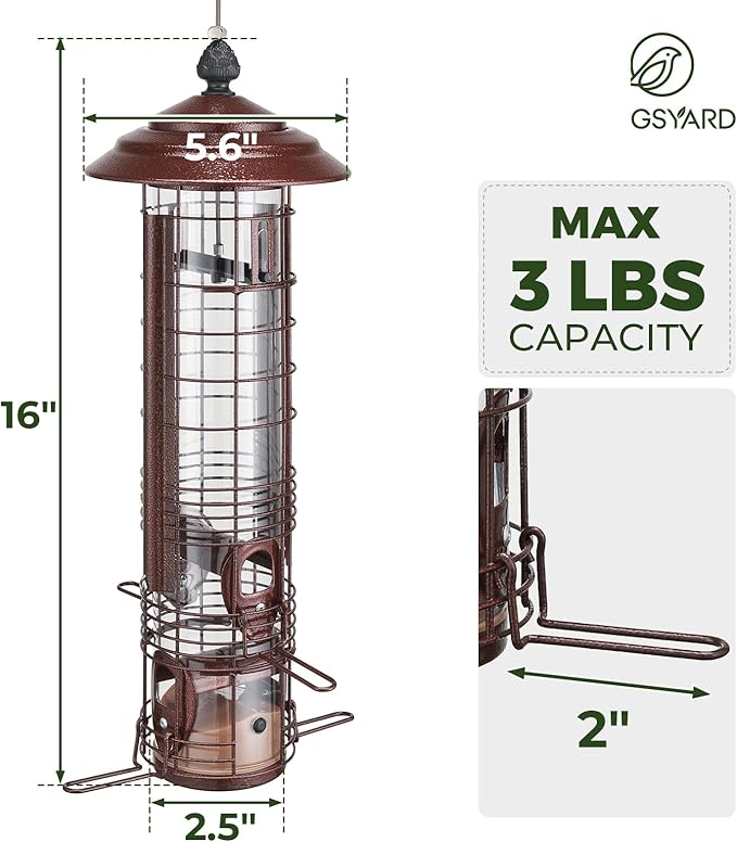 Kingsyard Squirrel Proof Bird Feeder for Outside Hanging, Weight-Activated All-Metal Wild Bird Feeders for Cardinal Finch, Detachable Base Easy to Clean, 3 LBS Capacity,Bronze